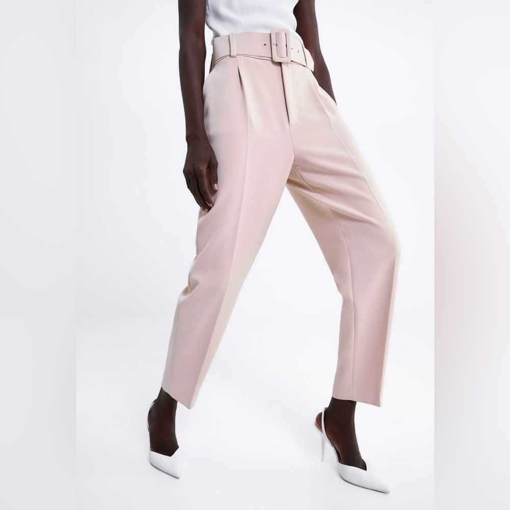 Zara pink High Waisted PANTS WITH FABRIC-COVERED BELT
